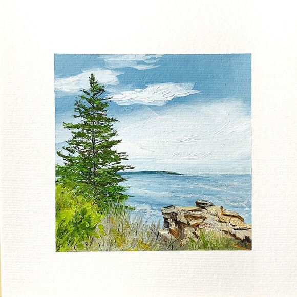 Other - 8x8 Maine Original Oil Painting Acadia Pinetree Rock Atlantic Ocean Art Signed